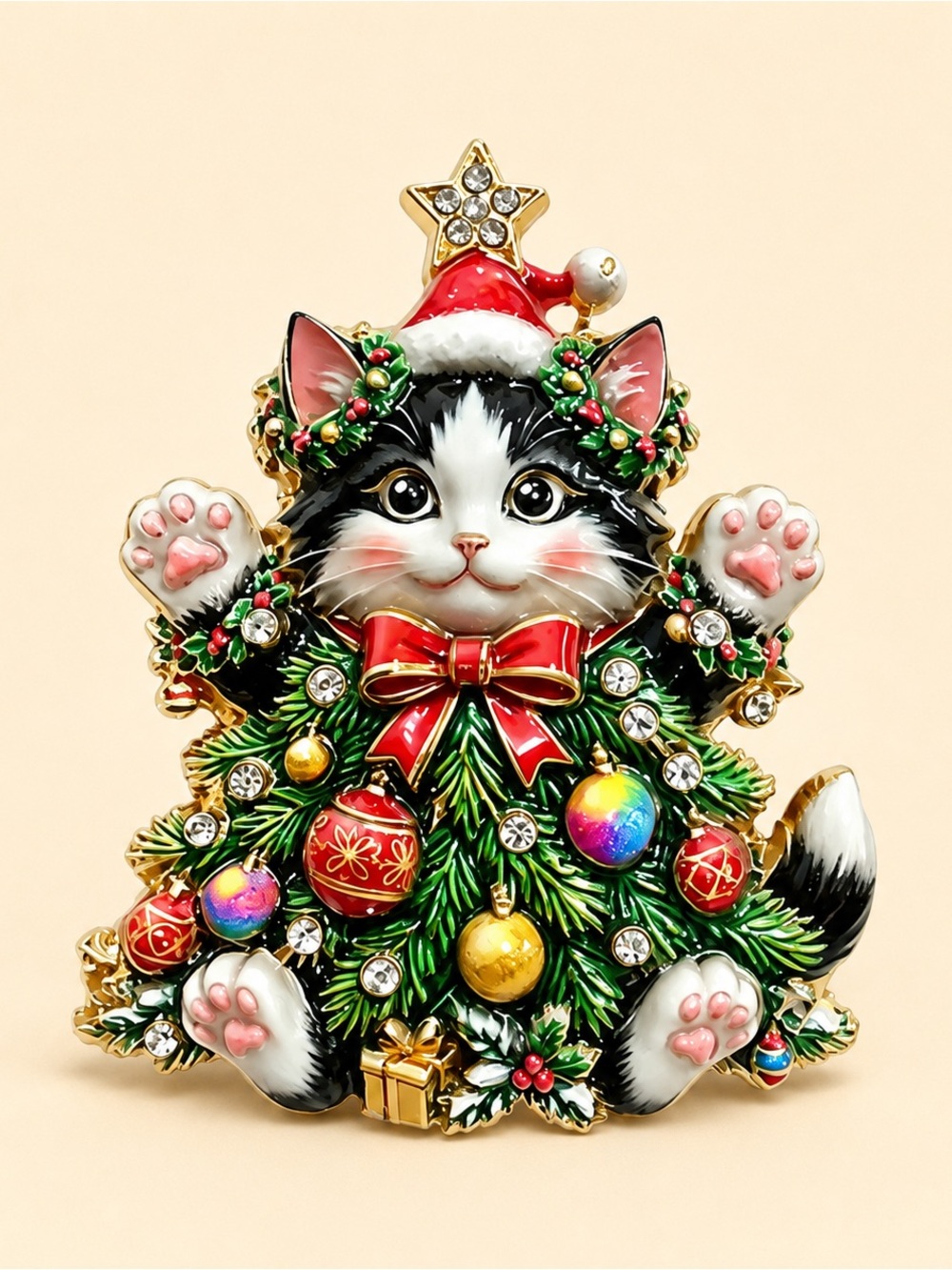 Cozy Christmas Cat Gold Tree Brooch